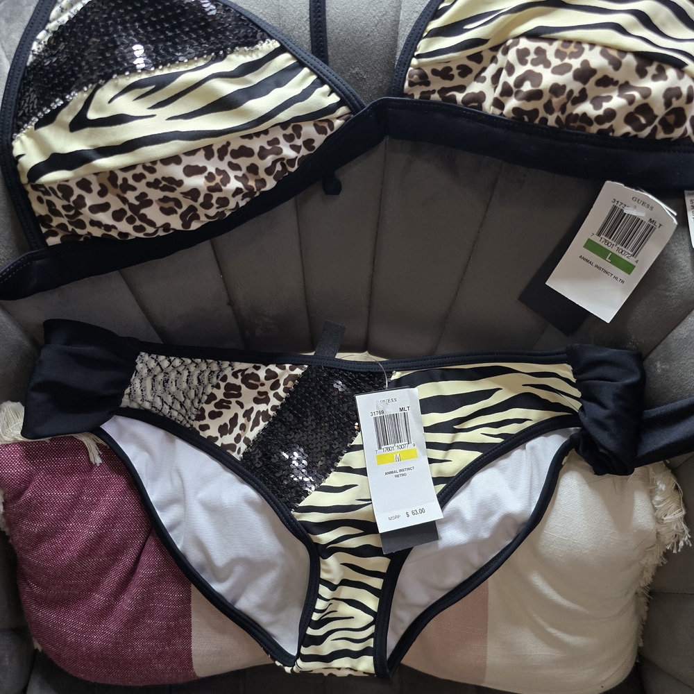 Guess Black and Brown Bikini Set with Animal Prints